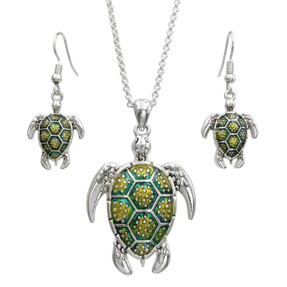 Green Painted Sea Turtle Necklace & Earrings